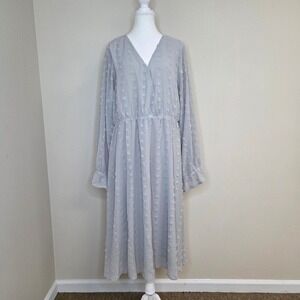 Baltic Born Katya Swiss Dot Midi Dress Grey V-Neck Long Sleeve 2XL